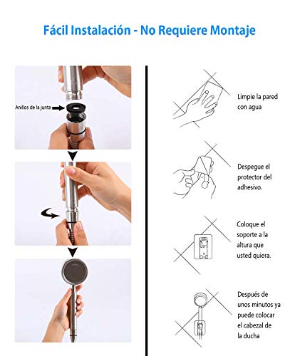 AOKKR Alcachofa de Ducha, Cabezal de Ducha de Mano de Alta Presión Ducha de Ahorro de Agua Ducha de Masaje Universal de Inoxidable Ducha, con 1.5m Manguera de Ducha & Soporte de Ducha Ajustable