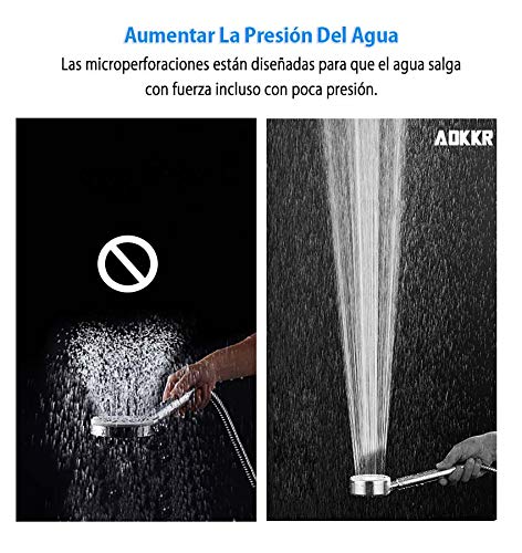 AOKKR Alcachofa de Ducha, Cabezal de Ducha de Mano de Alta Presión Ducha de Ahorro de Agua Ducha de Masaje Universal de Inoxidable Ducha, con 1.5m Manguera de Ducha & Soporte de Ducha Ajustable