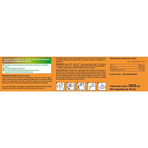 Arkopharma Arkoreal Jalea Real Vitaminada 1000mg Sin Azúcar 20 Ampollas, Refuerzo de Energía y Defensas, Jalea Real Premium, Complemento Alimenticio