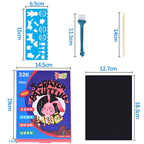 ARPDJK Scratch Art Paper para Niños 50 Hojas Manualidades Rascar Set para Arte y Pinturas Infantiles Hechas a Mano, Incluye 5 lápices de Madera, 4 Plantillas de Dibujo, 1 Cepillo