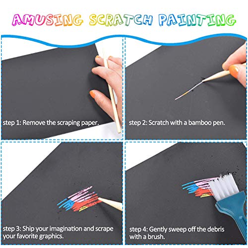 ARPDJK Scratch Art Paper para Niños 50 Hojas Manualidades Rascar Set para Arte y Pinturas Infantiles Hechas a Mano, Incluye 5 lápices de Madera, 4 Plantillas de Dibujo, 1 Cepillo