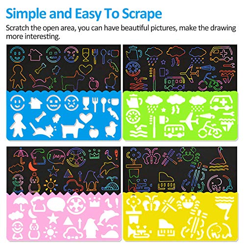 ARPDJK Scratch Art Paper para Niños 50 Hojas Manualidades Rascar Set para Arte y Pinturas Infantiles Hechas a Mano, Incluye 5 lápices de Madera, 4 Plantillas de Dibujo, 1 Cepillo