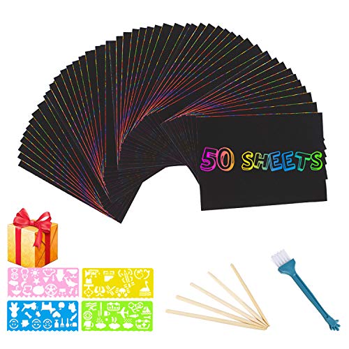 ARPDJK Scratch Art Paper para Niños 50 Hojas Manualidades Rascar Set para Arte y Pinturas Infantiles Hechas a Mano, Incluye 5 lápices de Madera, 4 Plantillas de Dibujo, 1 Cepillo