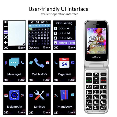 artfone Flip Teléfono Móvil para Personas Mayores con Teclas Grandes con Pantalla de 2.4 Pulgadas | Fácil de Usar para Ancianos | MMS | SOS Botón | Cámara - Rojo