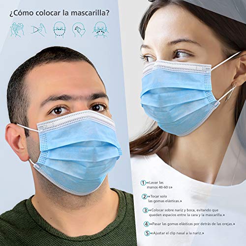 BAENA SALUD 50 Mascarillas Quirúrgicas, higiénicas, desechables, Tipo IIR, en color azul, filtración (BFE) 98%, hechas en España