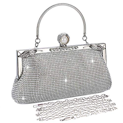 BAIGIO Bolso de Boda Plata, Clutch Mujer Fiesta Carteras de Mano Bolso de Noche Bandolera con Cadena para Ceremonia Novia, Diamantes