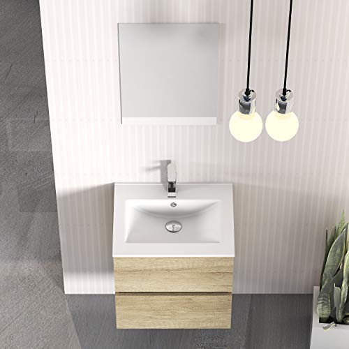 Baikal Conjunto Onyx Fondo REDUCIDO 39cm. Mueble De Baño MONTADO 50cm, 2 Cajones, Suspendido En Pared, Acabado Nature. con Lavabo Cerámico, y Espejo, Melamina 16, 50 X 55 X 40 cm