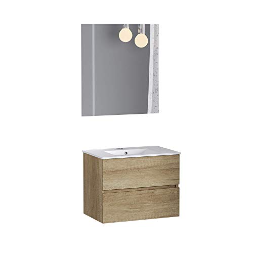 Baikal Conjunto Onyx Fondo REDUCIDO 39cm. Mueble De Baño MONTADO 50cm, 2 Cajones, Suspendido En Pared, Acabado Nature. con Lavabo Cerámico, y Espejo, Melamina 16, 50 X 55 X 40 cm