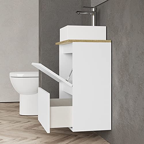 Baikal Marly 280034332, Mueble de baño pequeño con Lavabo cerámico y Espejo con Aplique de luz LED, de una Puerta Abatible y un Cajón, Acabado en Color Blanco, Medidas: 50 x 60 x 30 cm