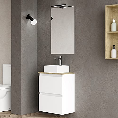 Baikal Marly 280034332, Mueble de baño pequeño con Lavabo cerámico y Espejo con Aplique de luz LED, de una Puerta Abatible y un Cajón, Acabado en Color Blanco, Medidas: 50 x 60 x 30 cm