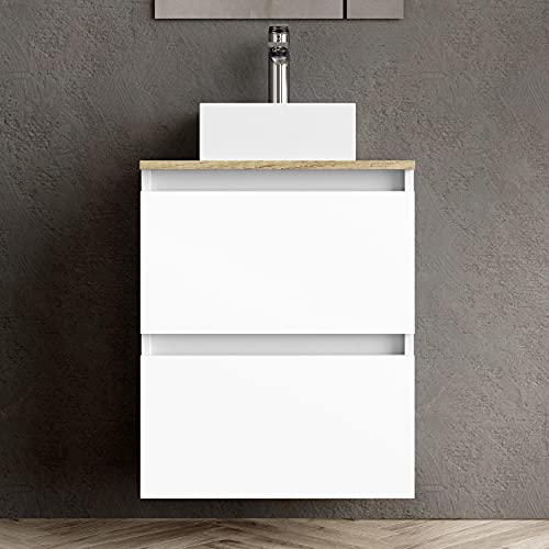 Baikal Marly 280034332, Mueble de baño pequeño con Lavabo cerámico y Espejo con Aplique de luz LED, de una Puerta Abatible y un Cajón, Acabado en Color Blanco, Medidas: 50 x 60 x 30 cm