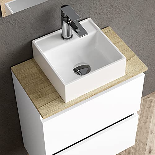 Baikal Marly 280034332, Mueble de baño pequeño con Lavabo cerámico y Espejo con Aplique de luz LED, de una Puerta Abatible y un Cajón, Acabado en Color Blanco, Medidas: 50 x 60 x 30 cm