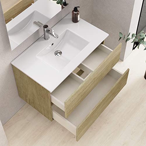 Baikal Onyx 280034117 Mueble de Baño con Lavabo y Espejo con Luces LED, Suspendido a la Pared, Dos Cajones, Melamina 16, Nature, 70 X 55 X 46 cm, 16mm