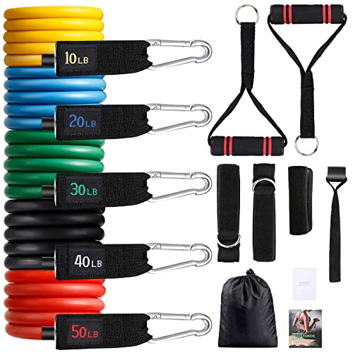 Bandas Elásticas Musculación,12PCS Bandas de Resistencia Fitness Cintas Elásticas Musculación - 5 Tubos de Látex|2 Manijas|2 Correa de Tobillo|Funda Protectora|Ancla de Puerta|Bolsa