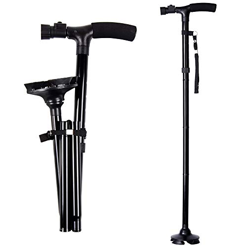 Bastón Plegable con luz LED, Altura Ajustable fiable, Ligero, Plegable, con Mango en T y Base pivotante