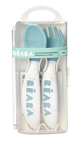 BÉABA, Lote de 2 Cubiertos Ergonómicos de Aprendizaje Segunda edad, A partir de 8 meses, Fácil Manejo para Bebé, Apto para Diestros y Zurdos, Caja de Transporte Incluida, Azul.