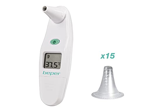 Beper 40.102 Termómetro Auricular Digital Infrarrojo con medición rápida, 15 cabezales higiénicos desechables cubre sensor de plástico incluido, 1 batería incluida, LCD Display