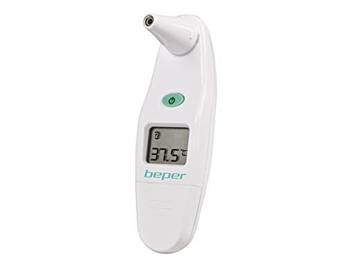 Beper 40.102 Termómetro Auricular Digital Infrarrojo con medición rápida, 15 cabezales higiénicos desechables cubre sensor de plástico incluido, 1 batería incluida, LCD Display
