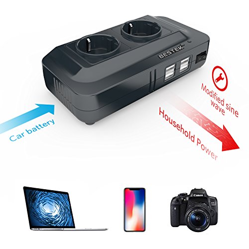 BESTEK Inversor de Corriente 200W, Transformador 12V a 220V con 4 Salidas USB, 2 AC Tomas Y Encendedor, Convertidor Onda sinusoidal con Protección para Barco, Caravana,Coche