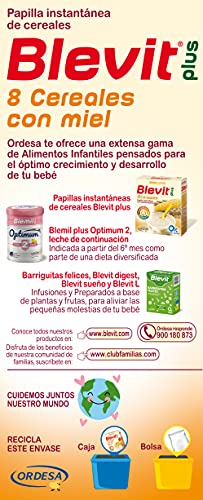 Blevit Plus 8 Cereales Miel - Papilla para Bebé con Harina de Avena y Harina de Trigo - Sin Azúcares Añadidos - Ayuda a regular el tránsito intestinal - Desde los 5 meses - 600g