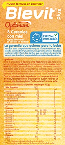 Blevit Plus Optimum 8 Cereales con Miel - Papilla de Cereales para Bebé con 50% de Cereales Integrales - Únicas Papillas para Bebé Sin Dextrinar - Desde los 6 meses - 400g