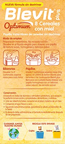 Blevit Plus Optimum 8 Cereales con Miel - Papilla de Cereales para Bebé con 50% de Cereales Integrales - Únicas Papillas para Bebé Sin Dextrinar - Desde los 6 meses - 400g