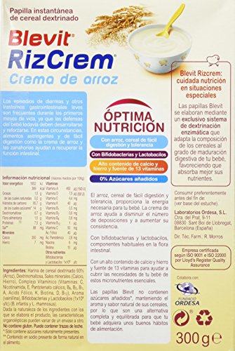 Blevit Rizcrem - Papilla de Cereales para bebé con Crema de Arroz - Sin Gluten y Sin Azúcares Añadidos - Facilita la digestión - Desde los 4 meses - 300g