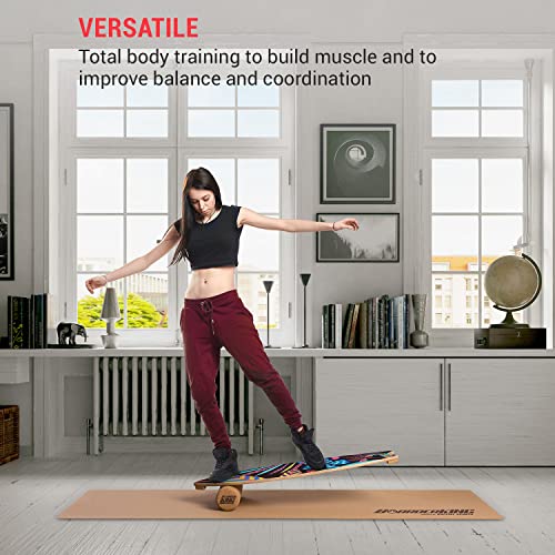 BoarderKING Indoorboard Wave - Tabla de equilibrio, Forma tabla de surf, Madera arce, Recubierto plástico, Esterilla y rodillos de corcho, Topes desmontables, Dimensiones 32 x 5 x 88 cm, Flores
