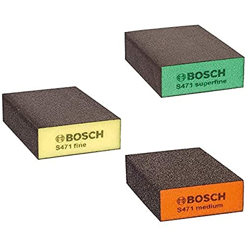 Bosch Professional S471 Medium Esponja abrasiva para Superficies y Bordes, Gris/Naranja, Medio + Esponja Abrasiva Fino, Amarillo, Marron, 68 x 97 x 27 mm + Esponja de Lijado súperfina