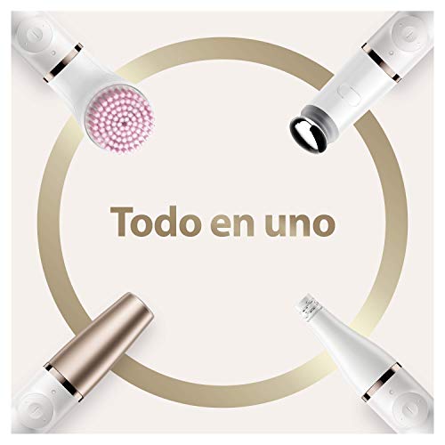 Braun FaceSpa Pro Depiladora Facial Mujer Todo en 1 con Cepillo de Limpieza, Base de Carga, Inalámbrica, SE 912, Blanco/Bronce