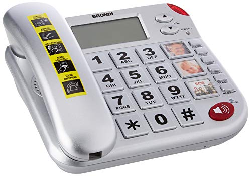 Brondi Super Bravo Plus - Teléfono Fijo con Dispositivo de Llamada de Emergencia, Color Plateado