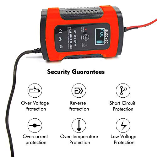 BUDDYGO Cargador de Batería Coche Moto, 5A 12V Full Automático Inteligente Mantenimiento de batería con Múltiples Protecciones para Automóviles, Motocicletas, ATVs, RVs, Barco