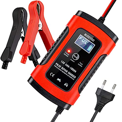 BUDDYGO Cargador de Batería Coche Moto, 5A 12V Full Automático Inteligente Mantenimiento de batería con Múltiples Protecciones para Automóviles, Motocicletas, ATVs, RVs, Barco