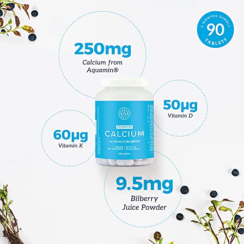 Calcio Puro Aquamin (500mg por Dosis) con Vitamina D3 (2000 IU) Y Vitamina K2 - Se Absorbe 4 Veces Mas que otros calcio - 120 Tabletas Veganas – Sin Estearato