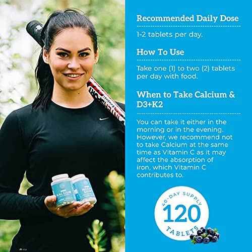 Calcio Puro Aquamin (500mg por Dosis) con Vitamina D3 (2000 IU) Y Vitamina K2 - Se Absorbe 4 Veces Mas que otros calcio - 120 Tabletas Veganas – Sin Estearato