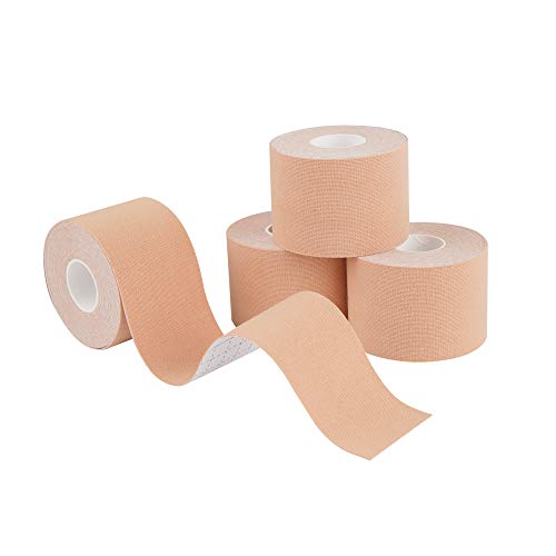 Cinta de Kinesiología para Sujeción de Rodillas y Músculos, Kinesiotape para Alivio del Dolor y Fisioterapia (4 Paquete, Color Beige)
