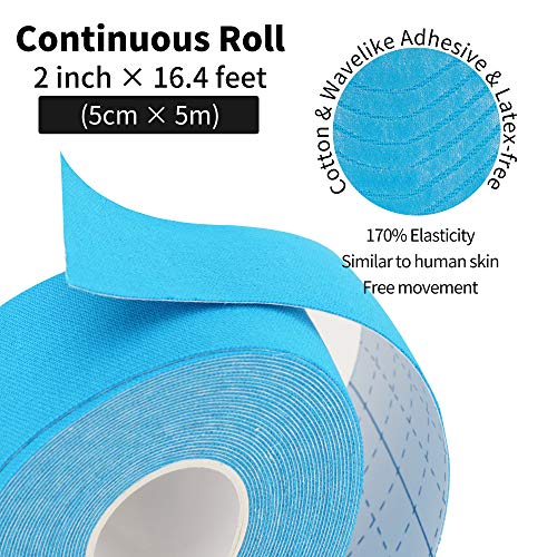 Cinta Kinesiologica Sin Cortar Kinesiotape Vendaje Neuromuscular para hacer Deporte y Recuperación de Lesiones, Perfecta para Rodillas, Articulaciones y Sujeción Muscular (4 Rollos de color Azul)