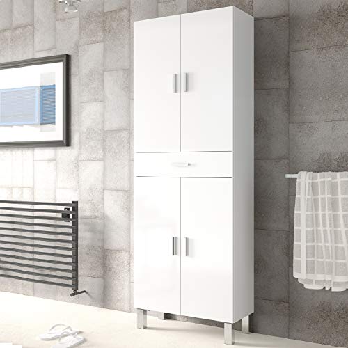 Columna de baño, mueble de lavabo, 4 puertas y 1 cajón, Modelo Aruba, Acabado en Blanco Brillo, Medidas: 60 cm (Ancho) x 182 cm (Alto) X 29 cm (Fondo)