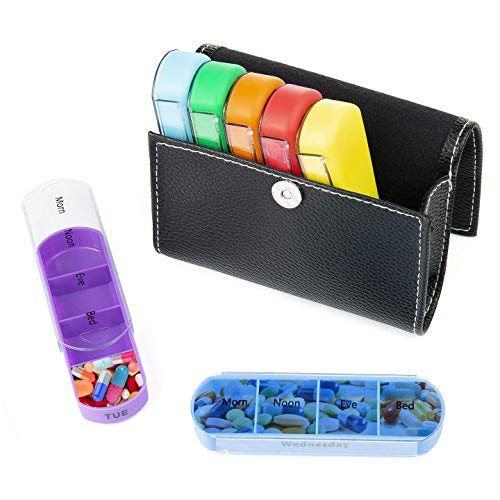 Comius Sharp Pastillero Semanal 7 días 28 Compartimentos con Estuche de Cuero PU Negro para Viaje Uso Diario, Vitaminas, Aceite de Pescado, Medicinas Diarias