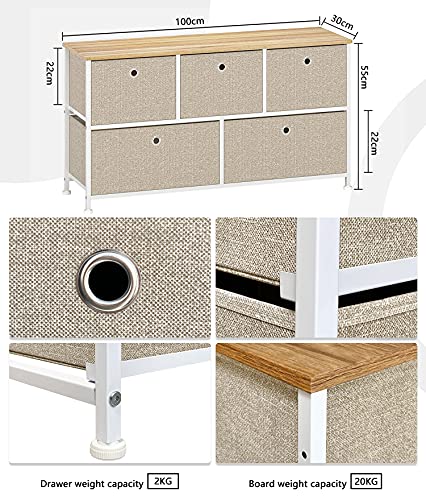 Cómoda Cajonera con 5 cajón Almacenaje Armario Tela Mesa Auxiliar Comodas Cajones Gabinete Armario Multiusos para Trastero Salon Dormitorio Cocina Pasillo Aparador Baja Madera+Metal Blanco+Beige