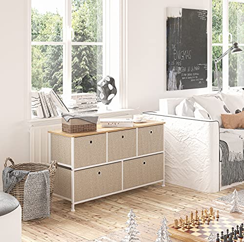 Cómoda Cajonera con 5 cajón Almacenaje Armario Tela Mesa Auxiliar Comodas Cajones Gabinete Armario Multiusos para Trastero Salon Dormitorio Cocina Pasillo Aparador Baja Madera+Metal Blanco+Beige