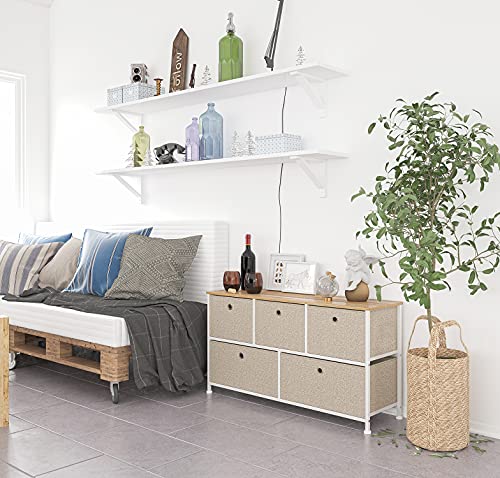 Cómoda Cajonera con 5 cajón Almacenaje Armario Tela Mesa Auxiliar Comodas Cajones Gabinete Armario Multiusos para Trastero Salon Dormitorio Cocina Pasillo Aparador Baja Madera+Metal Blanco+Beige