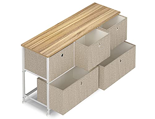 Cómoda Cajonera con 5 cajón Almacenaje Armario Tela Mesa Auxiliar Comodas Cajones Gabinete Armario Multiusos para Trastero Salon Dormitorio Cocina Pasillo Aparador Baja Madera+Metal Blanco+Beige