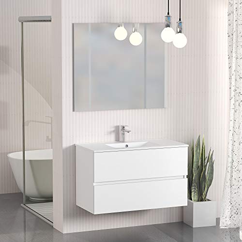 Conjunto de Mueble de Baño Onyx. Mueble 100cm, 2 cajones, suspendido en Pared, con Lavabo cerámico, y Espejo. Varios Acabados y Medidas. Mueble Montado.