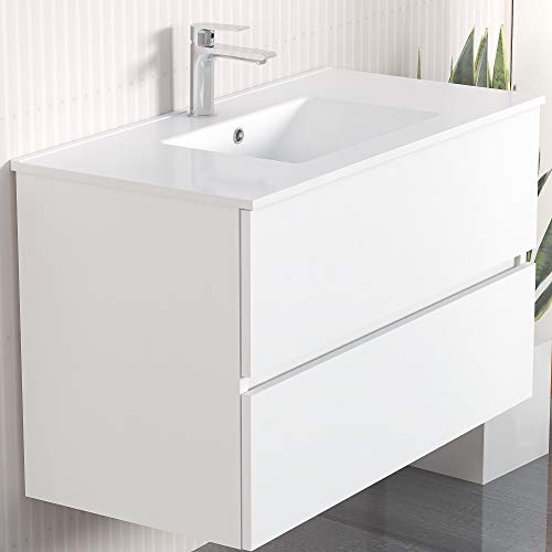 Conjunto de Mueble de Baño Onyx. Mueble 100cm, 2 cajones, suspendido en Pared, con Lavabo cerámico, y Espejo. Varios Acabados y Medidas. Mueble Montado.