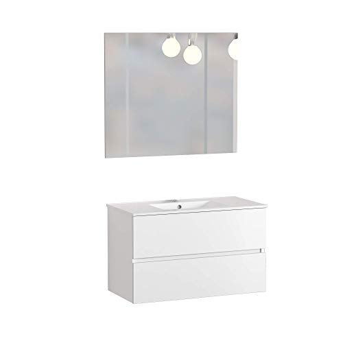 Conjunto de Mueble de Baño Onyx. Mueble 100cm, 2 cajones, suspendido en Pared, con Lavabo cerámico, y Espejo. Varios Acabados y Medidas. Mueble Montado.