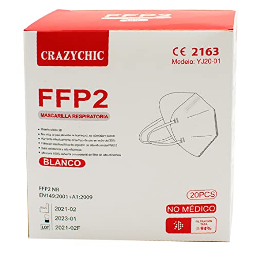 CRAZYCHIC 20 Mascarillas Blancas FFP2 CE EN149 - No Reutilizable - 5 Capas - Sin Grafeno