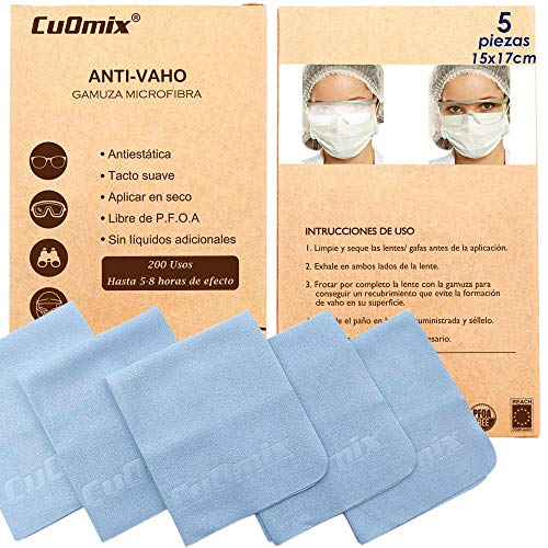 CuOmix® Gamuza Microfibra Anti-VAHO, Premium Toallitas Gafas Antivaho, Libre de P.F.O.A. - Reach Compliance, empaquetado Individualmente - 15x 17cm (5 Paños)