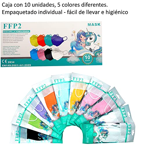 Cussi - 10x Mascarilla Protectora FFP2 NR Infantil 5 capas Colores Variados (forma de Pez) + Mask Case color aleatorio