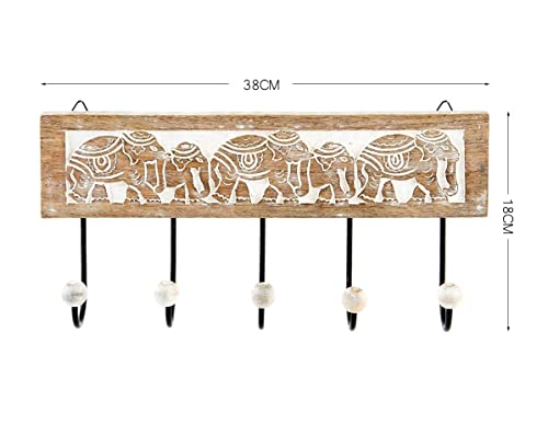 Dcasa - Perchero Pared 5 Colgador Madera Tallada Elefante 38x18 cm